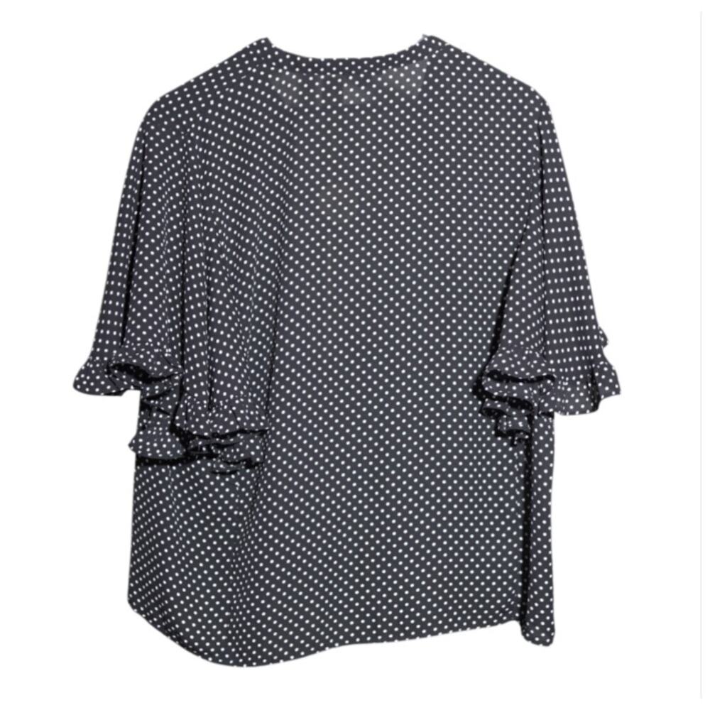 Ann Taylor Factory Blouse Sz L 2PK Black Solid & Polka Dot Flutter Sleeves EUC - Picture 10 of 14